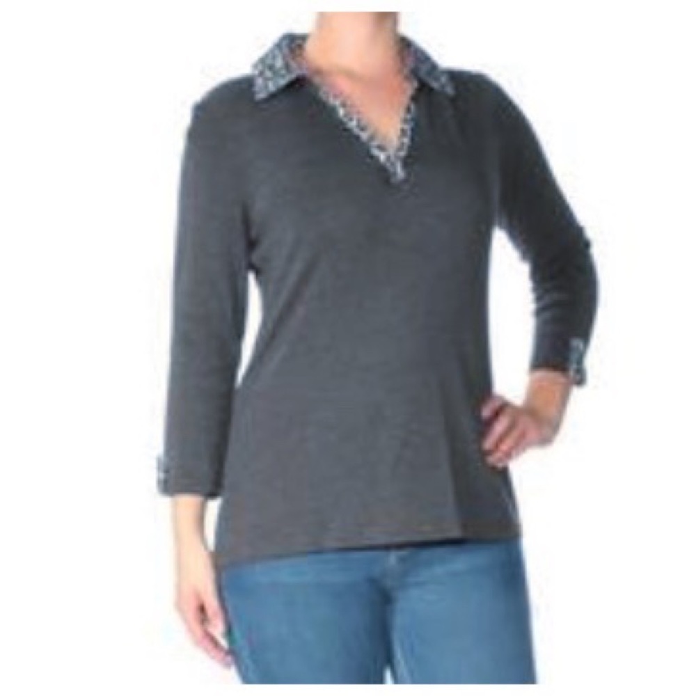 Karen Scott Animal Print Collar Top Gray Size M